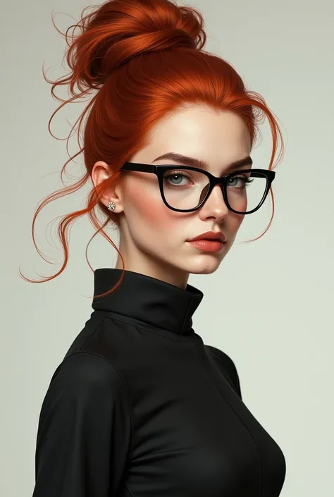 Woman with a long, slender body and red hair tied high with glasses 