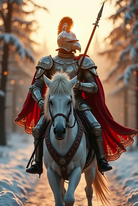 ornamental Hussar Anropomorphical personification of the eagle warrior in battle pose with white, black and scarlet armorur in the style of neo-impressionism, hand-colored film, bokeh-filled depth of field, close-up framing, golden sunlight reflecting off ...