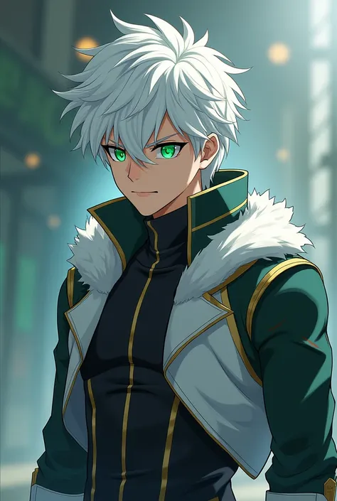 The Alpha boys hair is  🤍, his eyes are green,  He is a hero from the UA school of the Hero Academy,  His personality is cold and serious .