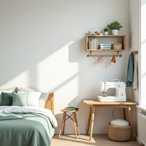 White room with natural lighting on the left side a tidy bed with white and green sheets,  and on the right side an area where there is a sewing machine and on the wall on that same side there are sewing materials such as fabrics, threads 