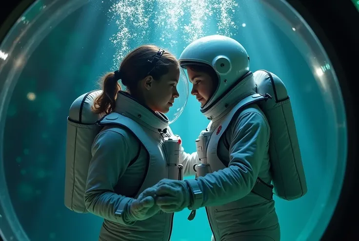  18 years old younger girl wearing space suit  with her friend   run out of oxygen in real life underwater while they were trying  and rushing to air lock , but her friend cant breathe and urging to give her  oxygen to continue  grabbing her friends breast...