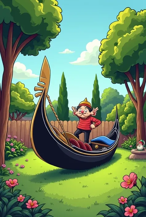 Create the caricaturized image of a gondola without water in the middle of the backyard