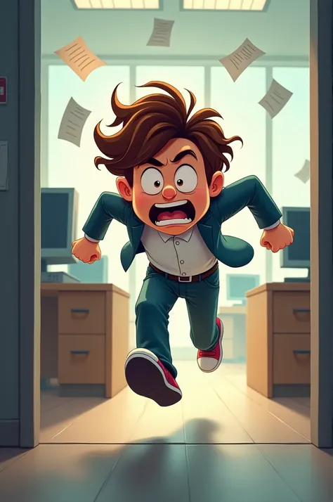 Person running into an office out of fright,  animated characters