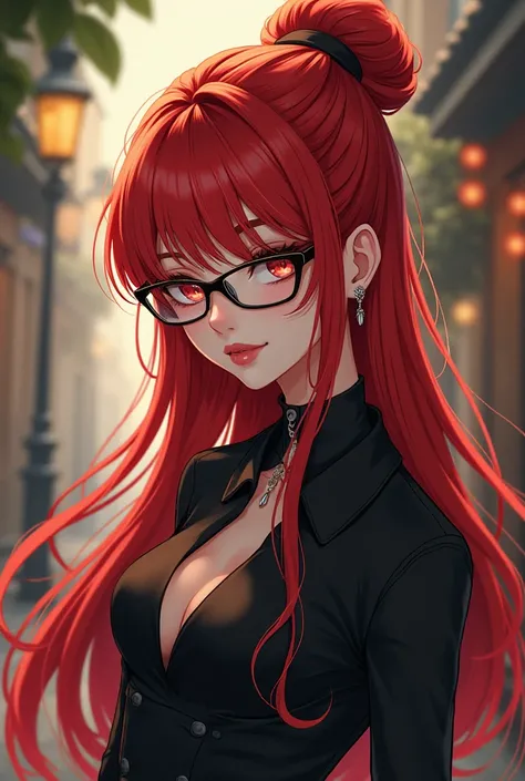  Anime style with long, slender body and red hair tied high with Morena glasses