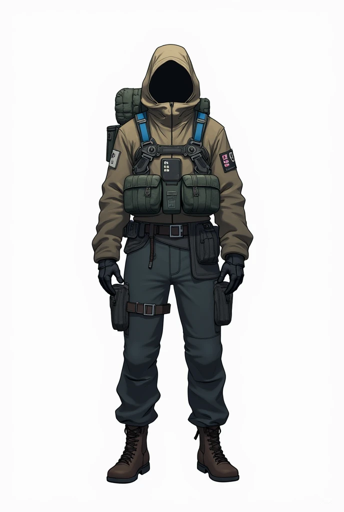 A faceless character dressed in the costume of Sam from Death Stranding on a white background in anime