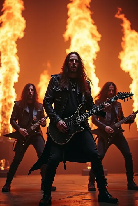 Metal band wearing coats playing heavy metal with flames in background