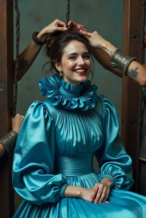 (realistic photograph close up sideways), (a pleased beautiful Caucasian lady with (messy hair bun), she is wearing (a comprehensive iridescent blue silk gown with (long gigantic pouf sleeves), (and with an ultra high tight stand-up collar up to her cheeks...