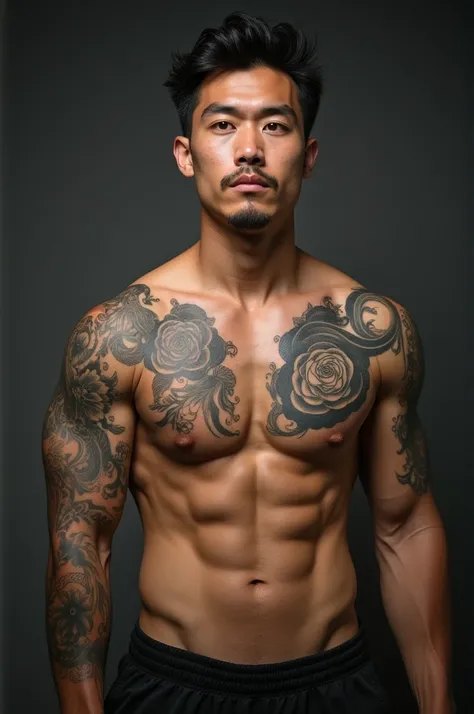  Chinese Asian male, Big and some tattoo , le corps finement musclé. dark hair, pas de barbe ni moustache et yeux marron. 