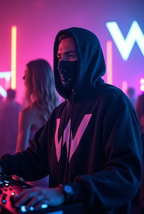 Alan walker con barbijo y una chompa y una chica, neon night y con el logo de W