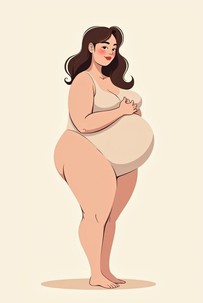 An illustration of a girl cartoon character, standing up sideways on her profile,  , body positivity art, curvy girls, flat and fine art, Pinterest style, cute. Fat girl