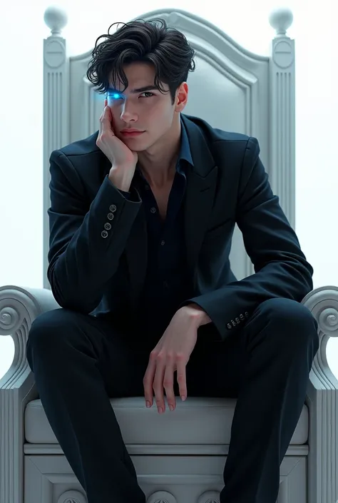 A domineering and handsome young man, age 19, sitting on a throne, his chin is resting on his right hand while his left feet is resting on his right leg. Hes wearing a black suit. His left eye is glowing blue light. Background is all white.