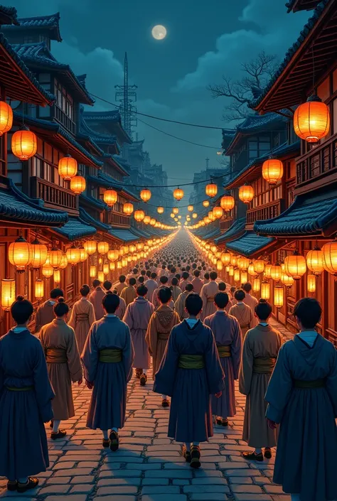 A bustling Japanese city at night, streets crowded by people wearing traditional 1700s kimonos wearing their wooden gata sandals, walking through wide, cobblestone alleys illuminated by lanterns A mix of townspeople, merchants, farmers, artisans, samurai, ...