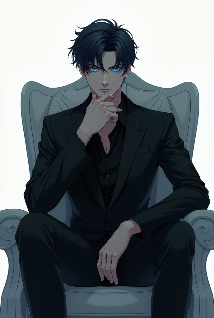 A domineering and handsome young man, age 19, sitting on a throne, his chin is resting on his right hand while his left feet is resting on his right leg. Hes wearing a black suit. His left eye is glowing blue light. Background is all white.