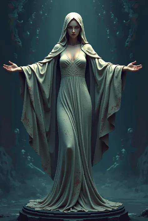 pixelart statue of woman with dress and open arms retro dark fantasy style 