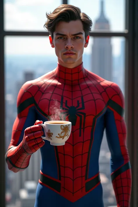 Peter Parker wearing the Spider-Man suit, holding a cup of coffee, ultra realistic 