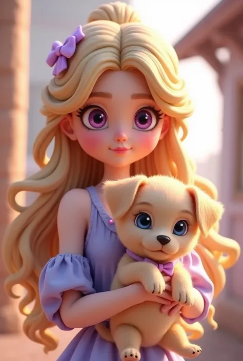 3D, a woman with blonde hair and purple eyes holding a small puppy in the style of the game my time at Sandrock. The woman has purple eyes and long blonde hair usually tied back into a bun with loose, curled strands. And the dog resembles a small light bei...