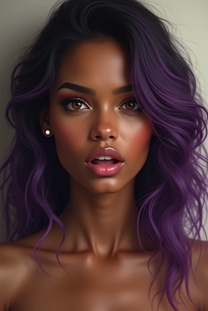 Woman with brown skin,  wavy hair with purple highlights ,  dark brown eyes , opening the mouth.  On her face.