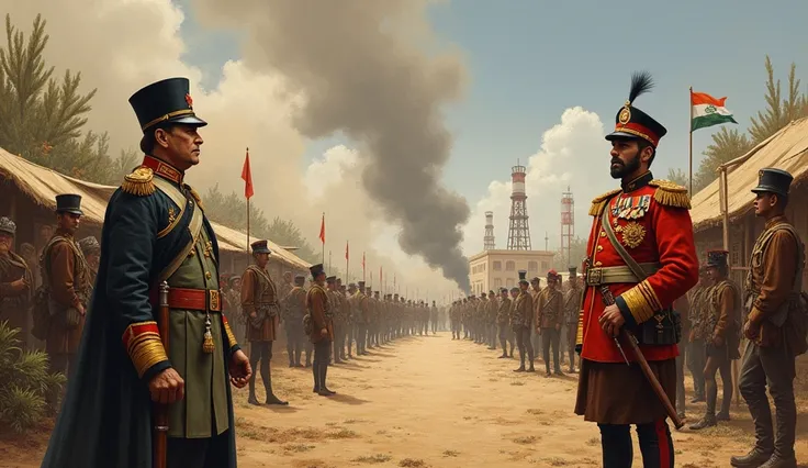 A dramatic scene showing British colonial forces in India and Iraq, symbolizing their control over the regions. On one side, depict a British officer in traditional colonial attire standing amidst Indian villages with symbols of resistance. On the other si...