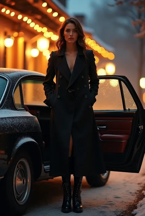 Real-life image of a woman in a black trench coat and boots, stepping out of a car on a frosty night near a lit restaurant.