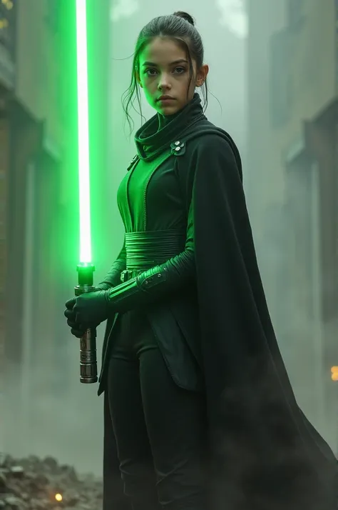  Jedi girl with a green sword epic image, , black military clothing  