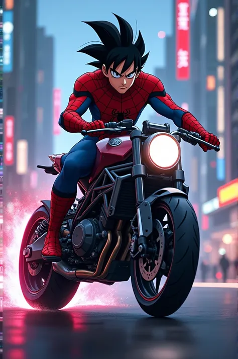 Create an image where Spider-Man and Goku are riding a motorcycle