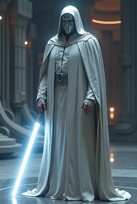 star wars emperor dressed in silver, with a platinum Mask on the face and a white light saber colored in white