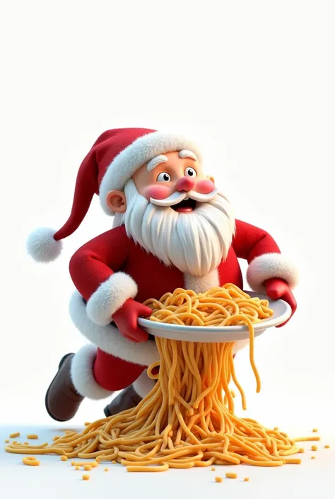  A realistic 3d drawing cute Santa Claus, big eyes, He plunges into a giant plate of spaghetti. white background .