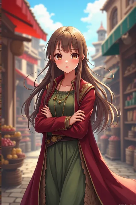 Anime style, medieval fantasy merchant girl