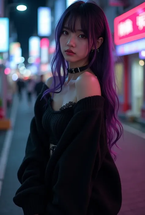 asian, real photo, A captivating Japanese girl, beautiful cute, Beautiful girl , 4k-ultra sharp、highest quality, masterpiece, ultra high resolution, (reality: 1.4), *********** girl, purple eyes, Off-the-shoulder sweater dresses, cinematic lighting、purple ...