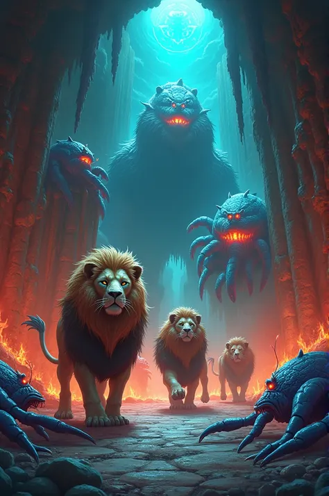 Colorful artwork of dungeon of lions and crustaceans 