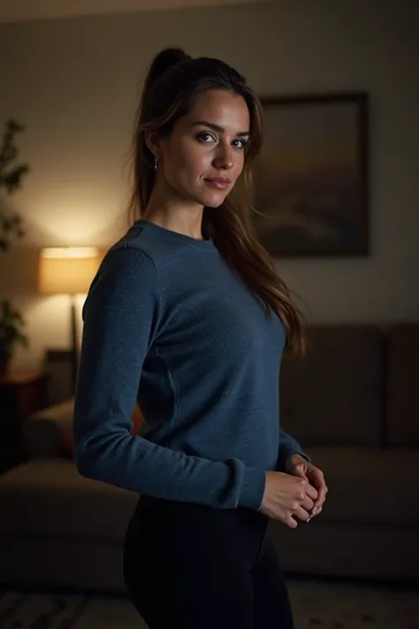 A woman, brown hair with ponytail,  in the living room, at night, Selfie standing ,  black leggings,  blue sweater 