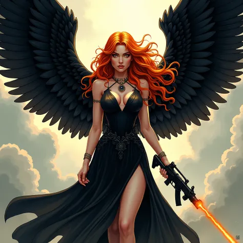  Create a Female Fallen Angel with big black wings and a black dress and she has orange hair and fiery eyes and she has a serious face setting Heavenly Kingdom of the Gods she has a gun ( to be able to create which divine weapon is ) And shes pretty
Comic ...