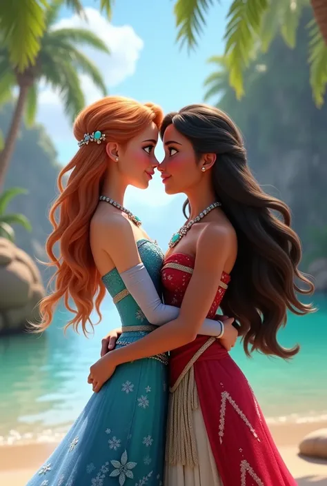 Ana and Elsa kissing and Moana surprised 