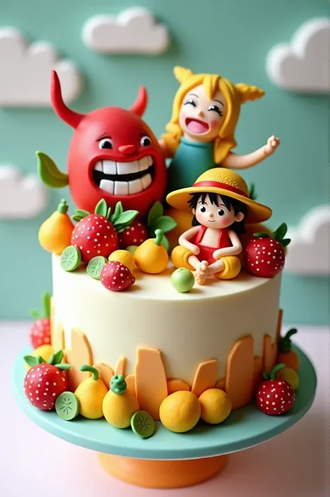 Crie um bolo  com o tema do bloxfruits, Small and clear , fruits I want with the characters Luffy , Zoro and Sanji and the dragon , the pasta fruit :  from Katakuri and a fruit from Big Mom