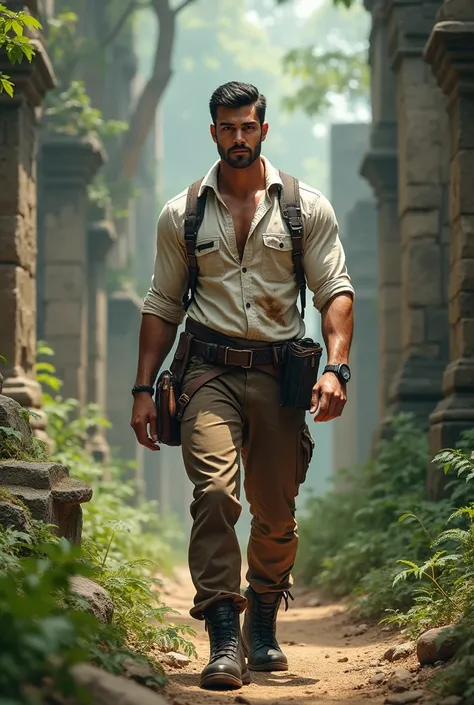 An imposing figure, an archaeologist , A man, perfect body, Well-defined muscles , he has a look that conveys confidence , his eyes are light brown , his black hair and short , his clothes are those of an explorer , composed of a white shirt dirty with dir...