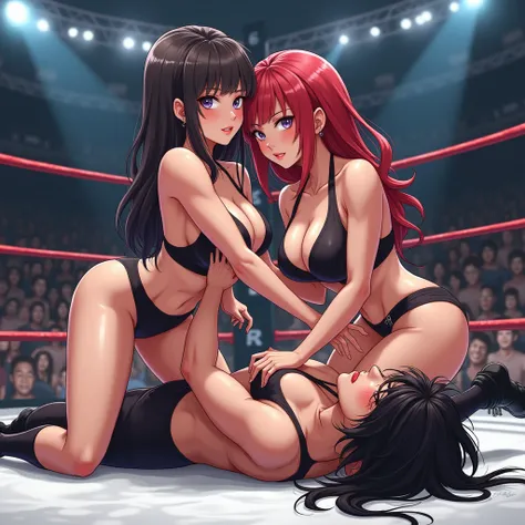 (masterpiece, best quality,ultra detailed,8k,anime) break (ring:50.0) break (two female wrestlers with １ male wrestler pro wrestling matches:80.0),(two female wrestlers with １人の男子レスラーをInitiating ground techniques:99.0) break (two female wrestlers with beau...