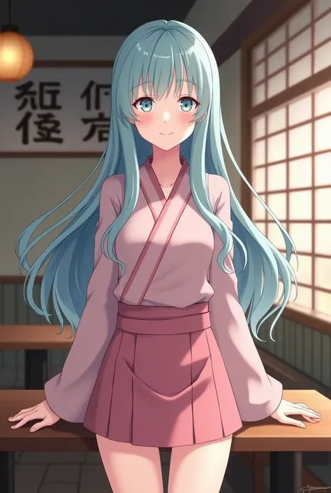  A girl from the anime Naruto , cyan-haired long , white eyes byakugan,  gentle expression , wearing a pink female ninja uniform,short skirt, pale white skin , blushed,At a ramen restaurant 