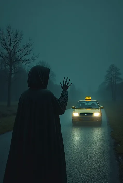  Create such an image that a taxi driver is going through a deserted place at night and a witch is standing in front of him, she is signaling to stop the car. 