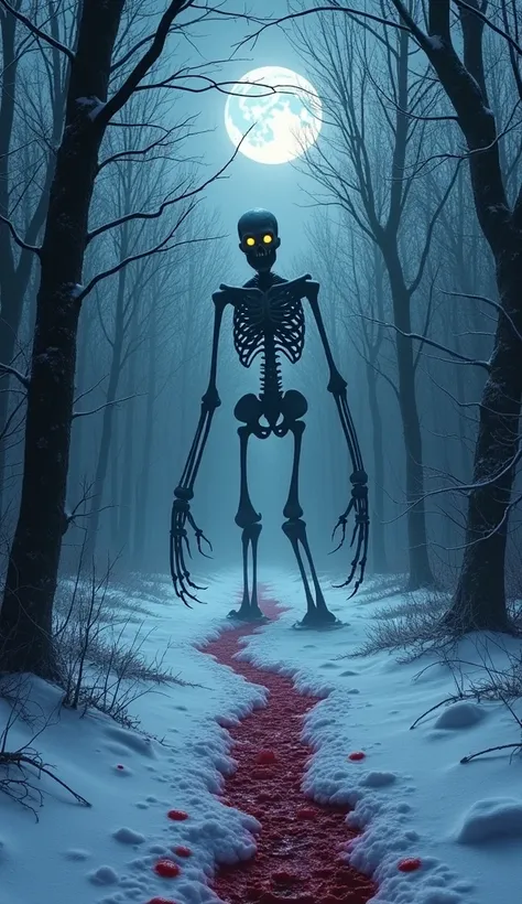  An icy and desolate forest ,  immersed in deathly silence ,  where the cold light of the moon fills Cross the twisted branches of the trees. In the background, A terrifying silhouette emerges :  a skeletal creature with abnormally long and deformed limbs ...