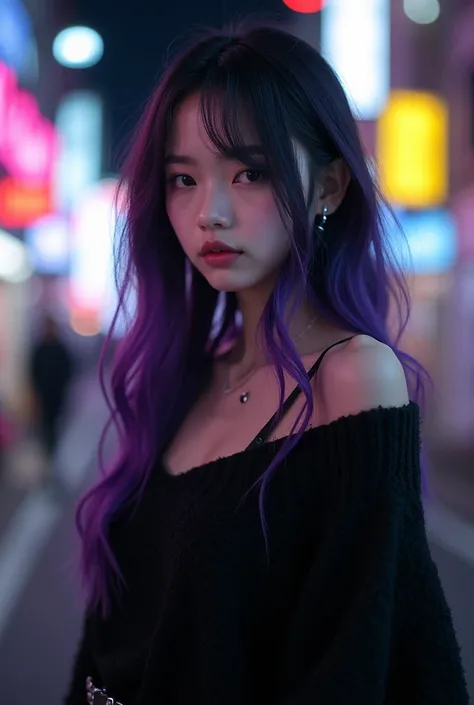 asian, real photo, A captivating Japanese girl, beautiful cute, Beautiful girl , 4k-ultra sharp、highest quality, masterpiece, ultra high resolution, (reality: 1.4), *********** girl, purple eyes, Off-the-shoulder sweater dresses, cinematic lighting、purple ...