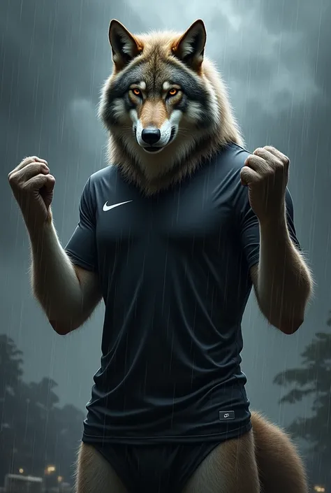 Wolf with raised hands wearing black Nike t-shirt raining