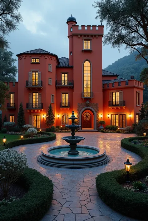 A secluded Grand 8 bedroom Mediterranean style castle with orange-magenta stucco colored walls, tower, drive through portico, 4 car garage, center water fountain with stones made of gargoyles and Mediterranean style garden with bushy yard maze lit up at ni...