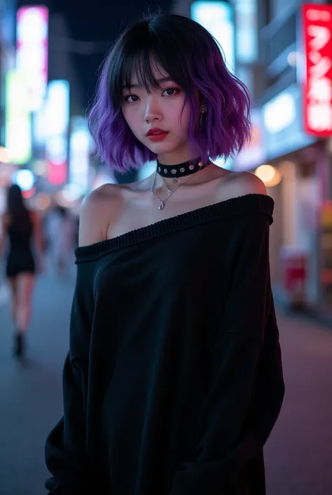 asian, real photo, A captivating Japanese girl, beautiful cute, Beautiful girl , 4k-ultra sharp、highest quality, masterpiece, ultra high resolution, (reality: 1.4), *********** girl, purple eyes, Off-the-shoulder sweater dresses, cinematic lighting、purple ...