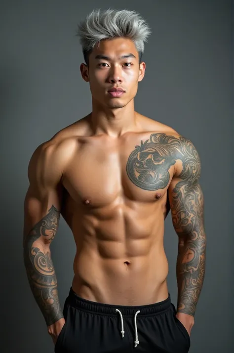  Asian American male 25 years old, young, beau,  good muscles with some tattoos, silver colored hair. 