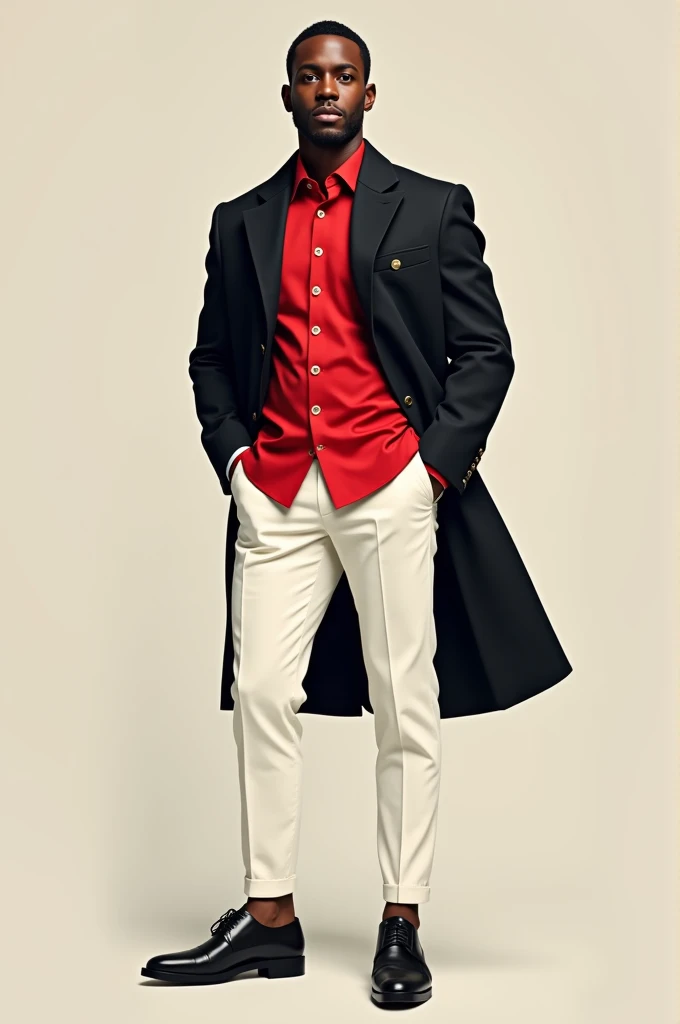 Brown man wearing white pants red scarlet shirt and black jacket