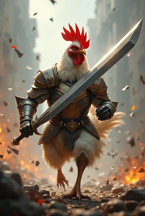 Chicken in armor in the war with a big sword running