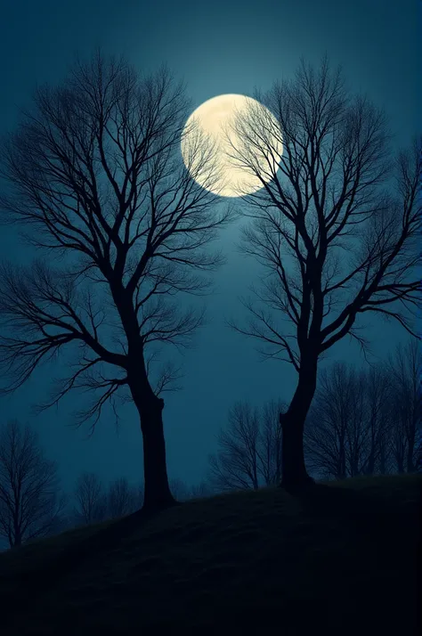 Hill with the moon in the background at night with trees that instead of branches have guitar arms in the branches