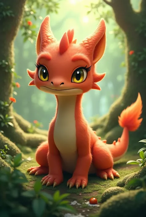  kemono fluffy dragon hatchling that has red and tan fur and yellow eyes, long neck, snake eyes, forest background