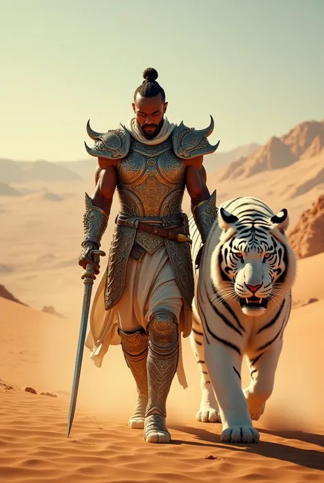 a handsome warrior prince,walking on the desert,with a giant size of white tiger,realistic,aesthetic photo,looking to viewer 