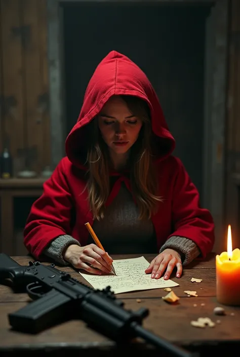  Adult Little Red Riding Hood is inside an old abandoned cabin sitting in front of a table reading an old letter there is an AR-15 rifle on the table in a closed half-body plane ,  The expression on his face is serious  ,  The lighting is candlelight .   H...